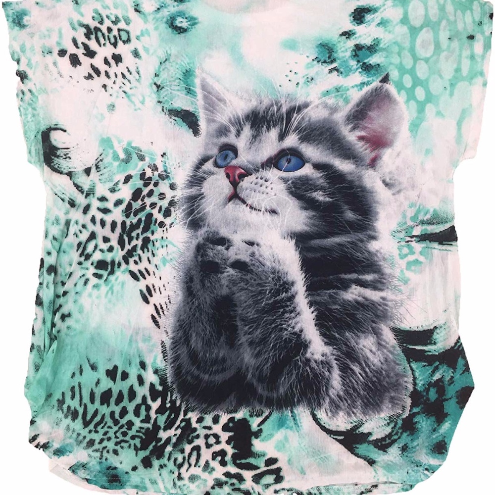 4/$25 Funny Cat T-Shirt Green Kitty Tunic Top Shirt O/S - Picture 2 of 7